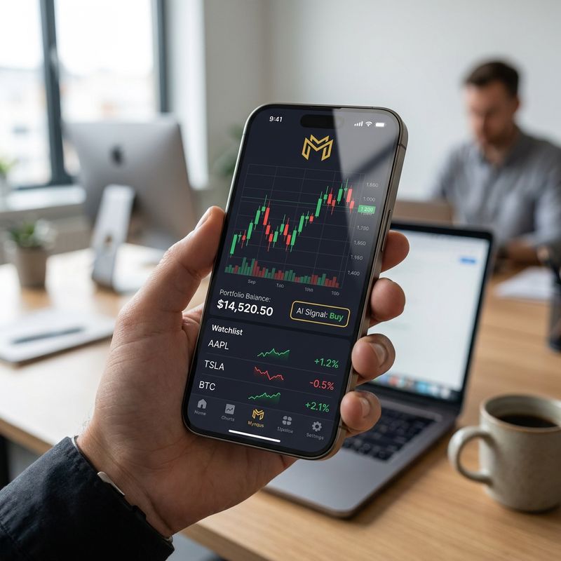 Mano sosteniendo un teléfono con la app de Mynqus: gráfico de velas, saldo del portafolio, señal de compra de IA y lista de seguimiento